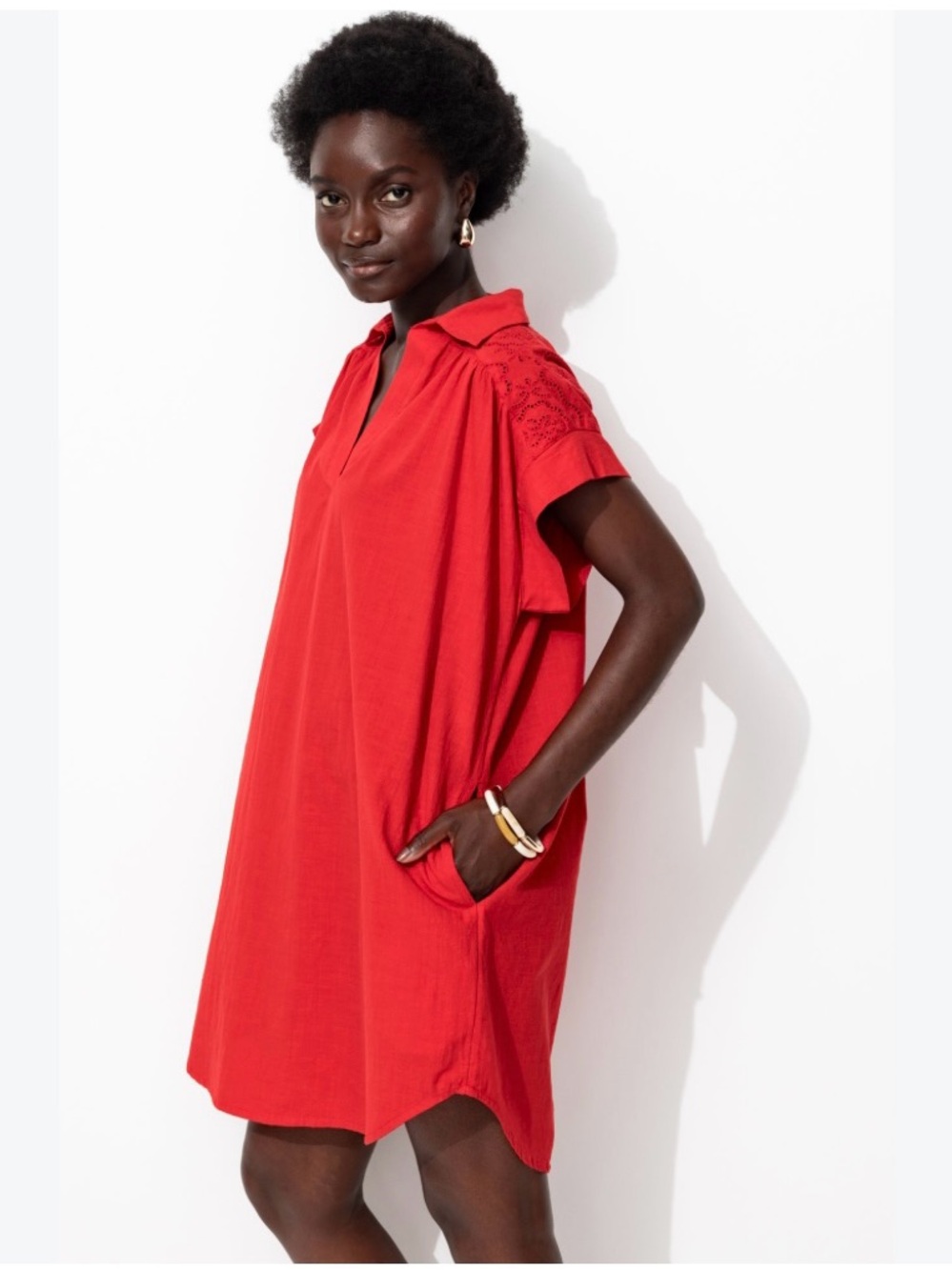 Madewell Red Collared Short-Sleeve Tunic Dress